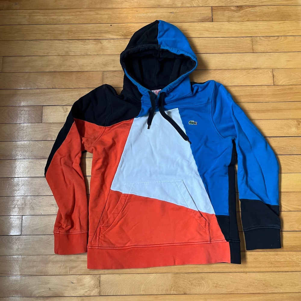 Lacoste L!VE Mens Colorblock Geometric Hoodie Blue Red White Black Size 5 Large